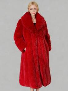 FHILLINUO 加大码红色人造毛皮长款外套，带蓬松细节和瀑布领 - 紅色 - 查看 9