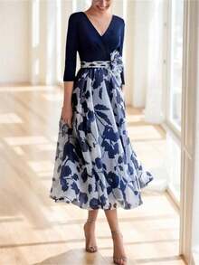 Magic Mia Women's Appliqué Floral Pleated Midi Dress - Navy Blue V-Neck Chiffon Gown, 3/4 Sleeve Mother Of The Bride Dress For Garden Weddings/Summer Soirées/Formal Occasions - Màu xanh lam - Xem 1
