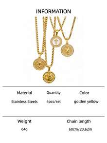 硬币徽章吊坠项链,不锈钢材质,18K镀金,60厘米链条,鸢尾花十字架圣本笃扭链项链,男女皆宜,适合日常佩戴和节日礼物。 - 金黃色 - 查看 12