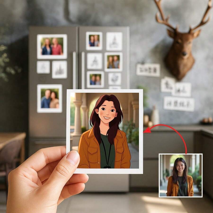 1pc Customizable Cartoon Style Photo Refrigerator Magnet - Personalized Photo Gift, Suitable For Halloween, Christmas, Wedding, Housewarming - Kitchen Decor Magnetic Sticker, Durable, Non-Fading, Removable, Reusable - Fits Any Metal Surface