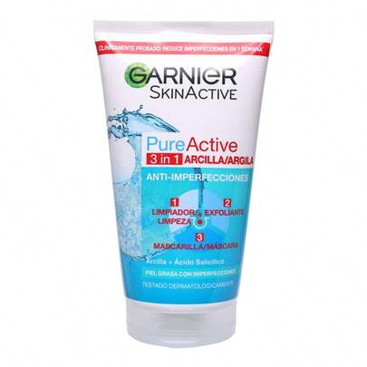 Garnier SkinActive Pure Active 3 en 1 Arcilla – Limpiador, Exfoliante y Mascarilla Anti-Imperfecciones con Ácido Salicílico, 150 ml