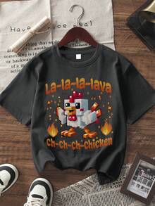 1 peça T-shirt de manga curta para rapariga com estampado de pintinho de desenho animado em pixel, fofa, macia e confortável, para uso casual diário no verão - Cinza escuro - Ver 2