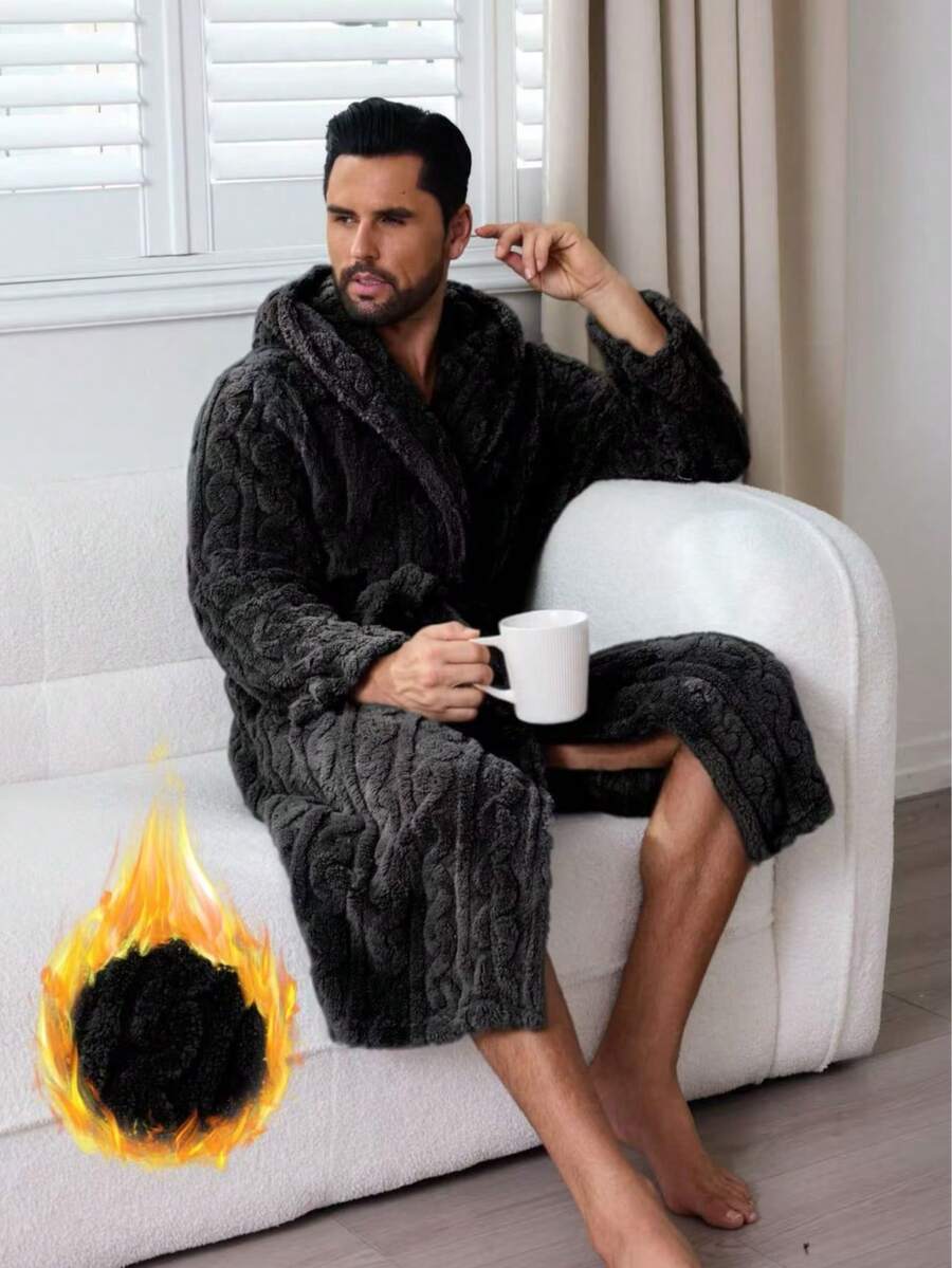 1pc Autumn/Winter Multicolor Long Plush Cable Knit Hooded Bathrobe, Elegant & Charming Fashion Men's Casual Loungewear & Couples Robe