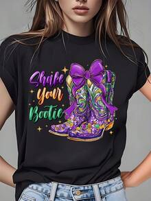 Women Round Neck T Shirt Shake Your Bootie Western Cowboy Boots Graphic Print Casual Wear Mardi Gras Party 220g - 黑色 - 查看 1