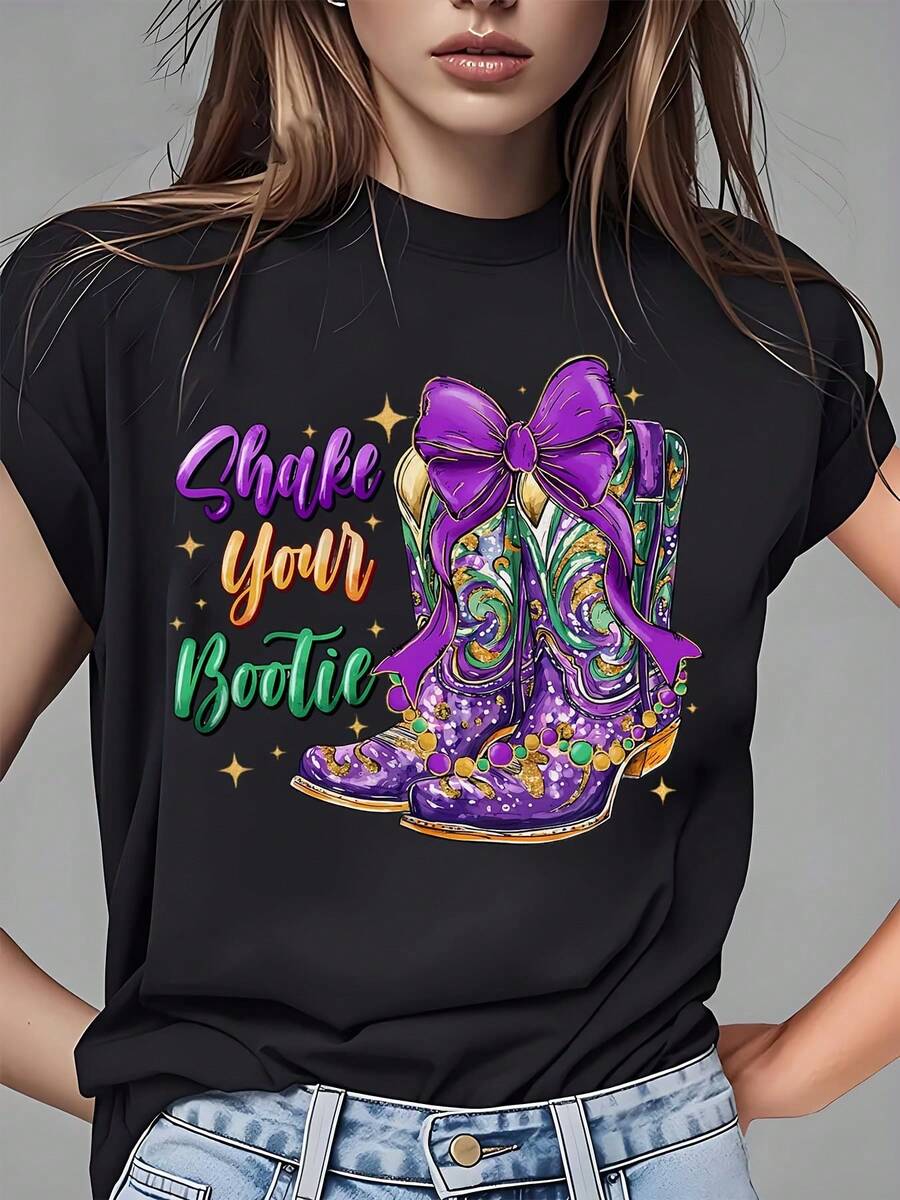 Women Round Neck T Shirt Shake Your Bootie Western Cowboy Boots Graphic Print Casual Wear Mardi Gras Party 220g - 黑色 - 查看 1