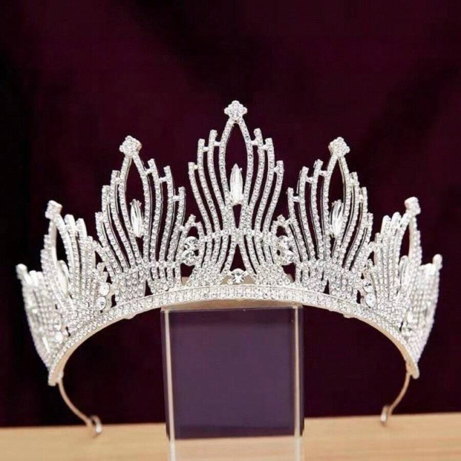 1pc Baroque Crystal Crown, Suitable For Weddings, Banquets, And Parties - Silver - View 1