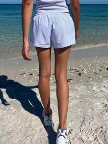 Quần short thể thao nữ kẻ sọc, chất liệu vải có dây rút, kiểu dáng thoải mái, không co giãn, thích hợp mặc ở nhà vào mùa hè. - Màu xanh lam - Xem 2