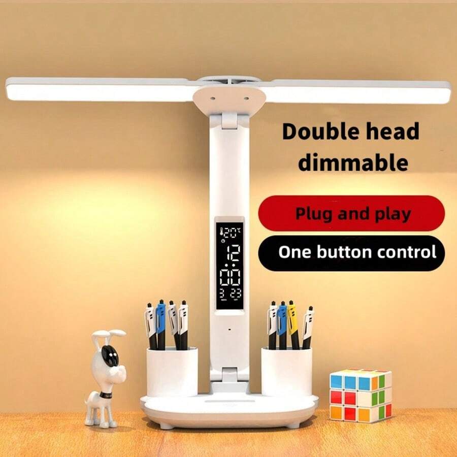 1 Paquete Lámpara de Escritorio LED Recargable USB de Doble Cabezal: Admite Regulación de Brillo de Tres Niveles (Luz Blanca - Luz Cálida - Luz Suave), Con Reloj Calendario, Protección Ocular Plegable, Adecuada Para Lectura e Iluminación Nocturna - luz blanca - Ver 1