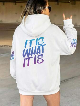 Plus Size Women's Gradient Text "IT IS WHAT IT IS" Graphic Sweatshirt | Loose Casual Fall & Winter Sweatshirt |Sweatshirts Plus Size Women, Plus Size Women Clothes, Winter Clothes Women, Sweatshirts For Women, Sweatshirts For Women Curve