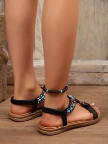 FVPFVP 2025 New Bohemian Style Beaded & Rhinestone Wedge Heel Soft Bottom Non-Slip Sandals For Women, Summer - Black - View 6