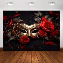 1pc Carnival Party Red Rose Gold Mask With Diamond Photography Backdrop, Masquerade Ball Birthday Studio Photo Booth Prop, Party Supplies - Multicolor - View 2