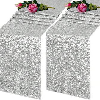 2pcs Silver Sequin Table Runner, 11.81*70.87/108.27 Inches, Suitable For Birthday, Party, Gathering, Wedding, Banquet, Holiday Party Decoration And Shower Dining Table Decoration, Wedding Decoration