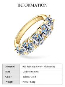 XUJIA 1pc 5-Stone Ring, Women's Round Cut Moissanite Engagement Ring, 925 Sterling Silver, D-E Color, VVS1 Clarity, 6.5mm, 6mm And 5mm Moissanite, Anniversary Wedding Band, Jewelry Gift - Yellow Gold - View 21
