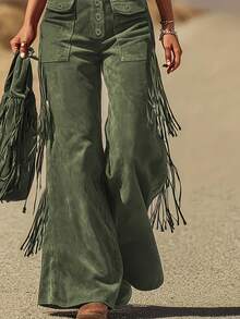 Women's Fashion Elegant Wide Leg Pants Comfortable Tassel Button Back Pants Daily Casual Fall Winter - 綠色 - 查看 5