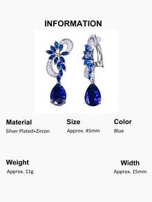 1 Pair Silver Plated Non-Pierced Clip-On Long Drop Earrings With White & Blue Cubic Zirconia Symmetrical Flower & Leaf Zirconia Crystals, Bridal Jewelry For Engagement, Wedding, Banquet, Pageant, Party, Prom For Women Without Pierced Ears - 1 Pair Clip On Earrings - View 16
