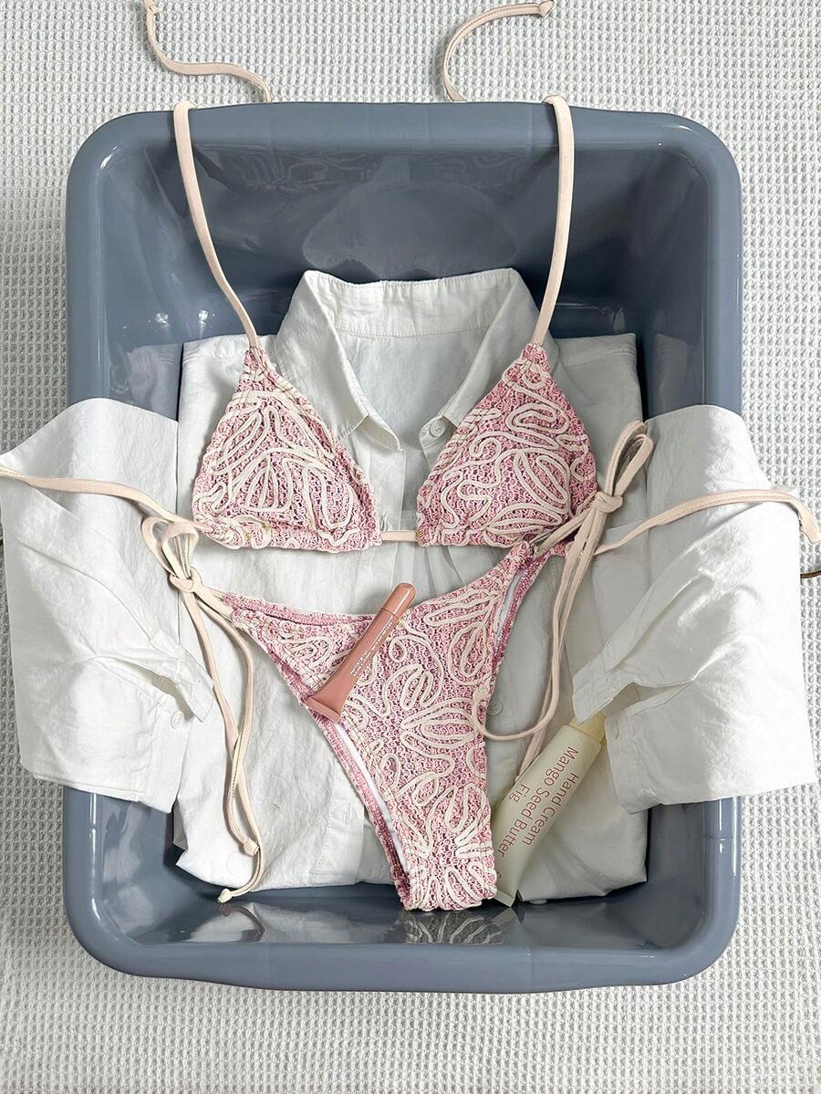 Bikinx 女士不对称条纹系带比基尼套装，时尚夏季度假沙滩粉色 - 粉色 - 查看 1