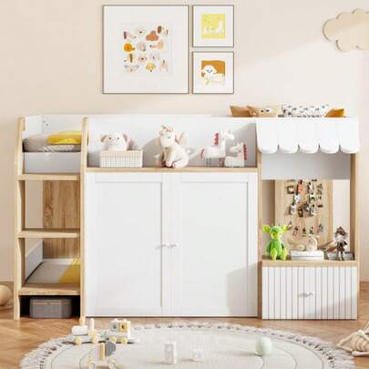 Children's House-Style Bed 90x200, With Open Storage Space, With Climbing Ladder, Mid-Height Children's Bunk Bed, Solid Wood Children's Bunk Bed Without Mattress, Wood + White Color