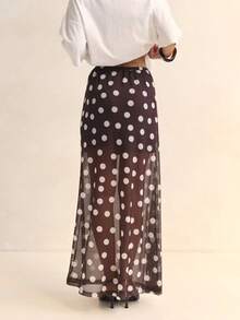 Women Polka Dot Maxi Skirt Elegant Low Waist Sheer Mesh Flowy Pencil Long Skirt  Coquette Going Out Streetwear - 咖啡棕 - 查看 8