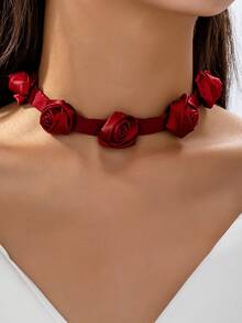 1 Pc Fabric Rose Flower Ribbon Choker Necklace For Women , Romantic Valentine's Day Floral Bow Tie Ribbon Necklaces , Women Jewelry For Valentine's Day Dating - 3D Rose Necklace - View 1