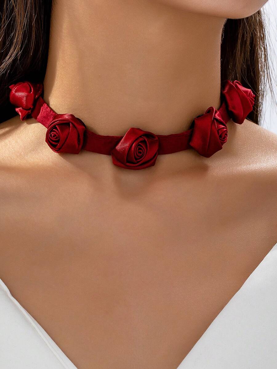 1 Pc Fabric Rose Flower Ribbon Choker Necklace For Women , Romantic Valentine's Day Floral Bow Tie Ribbon Necklaces , Women Jewelry For Valentine's Day Dating - 3D Rose Necklace - View 1