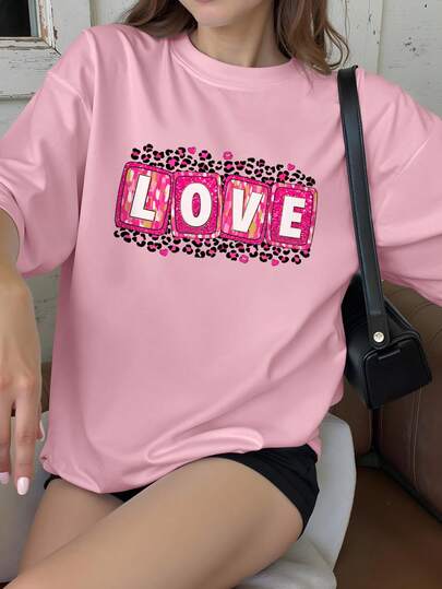 Cute Plus Size Regular Length Pink Tee With Love Leopard Print Round Neck Short Sleeve Drop Shoulder Design