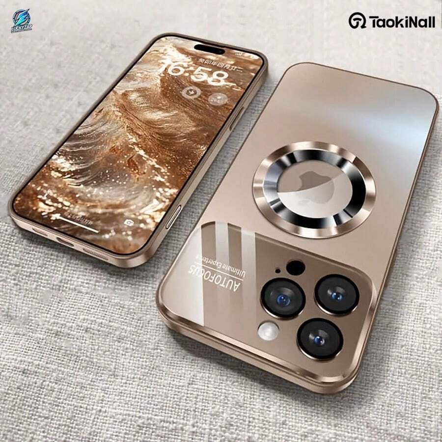 TaoKinall Luxury Titanium-Colored Glass Window Magnetic Wireless Charging Phone Case Compatible With For Iphone 11 12 13 14 15 16 17 Pro Max Air Plus, Shockproof Hard Matte Back Cover, Fully Encasing Camera Lens Protection Phone Case - Vàng - Xem 1