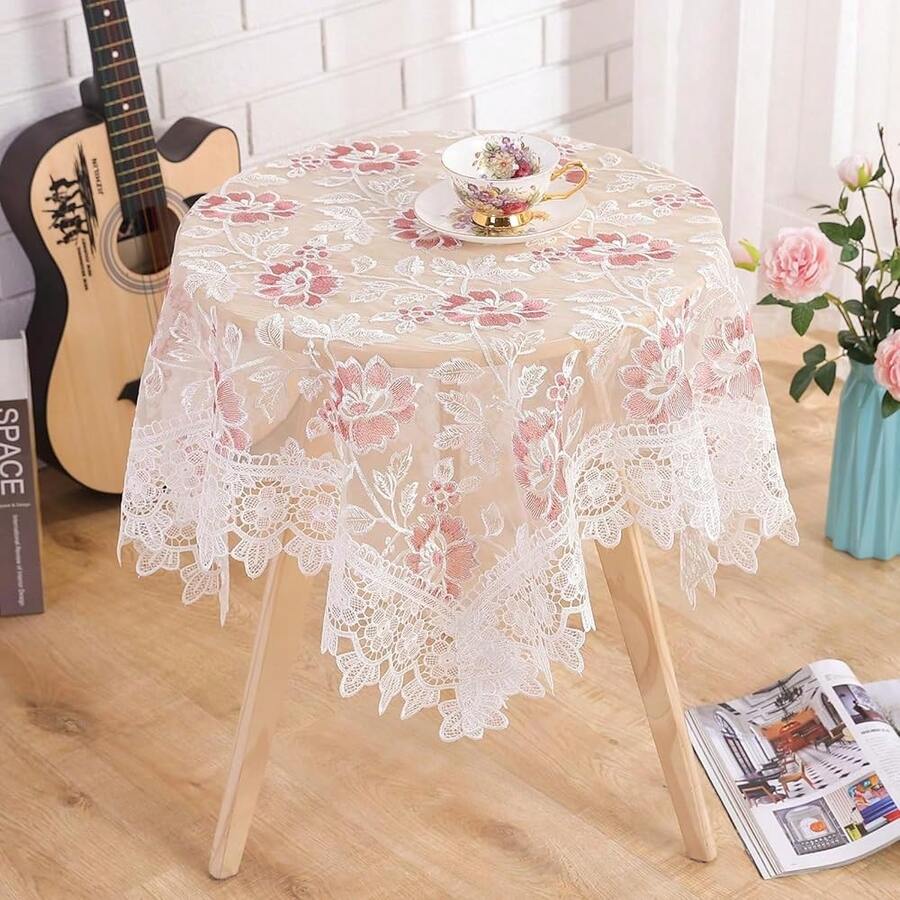 Retro Round Lace Tablecloth 36 Inch Embroidered Table Cover Decorative Dining Doily For Wedding & Cafe, White With Pink Flora,WhiteWithPinkFlora(36Inch) - 白色搭配粉紅色花卉圖案(36吋) - 查看 1