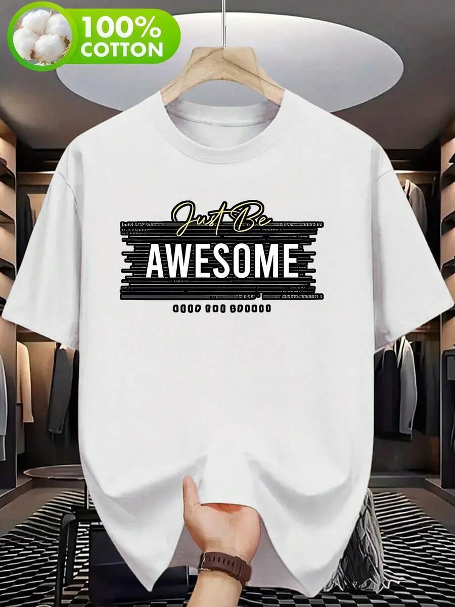 Camiseta Casual de Verano para Hombre en Gris Claro - Impresión Gráfica "Just Be Awesome", Manga Corta, Cuello Redondo, , Lavable a Máquina, Camiseta de Uso Diario| Aspecto moderno| Tela de poliéster - Blanco - Ver 1