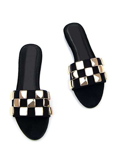 Women's Fashion Square Golden Metal Buckle Decor Black Faux Suede Flat Mule Slide Sandals, Casual Daily Wear