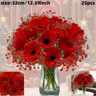 25pcs Mixed Poppy (12pcs) + Baby's Breath (13pcs) Artificial Flowers, Suitable For Mother's Day And Autumn/Winter Bouquets, Floral Decor For Home, Outdoor, Living Room, Wedding, Valentine's Day - Plastic, Maintenance-Free Floral Decoration Set For Home, Wedding And Office, No Battery Required, Vase Not Included