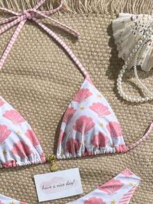2026 New Cute Seashell Print Romantic Women 2 Pieces Bikini Swimsuit, Fashionable For Summer Beach, Resort, Spa, Pool Party, Music Festival Vacation - White Pink - View 6