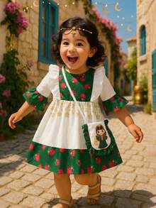 H HIBOBI 2pcs Baby Girls Ramadan Dress Set - Green/White Desert Rose Print, Gold Star Belt, Ruffle Sleeve & Hem, Matching Crossbody Bag, Eid Festival Outfit - Green - View 2