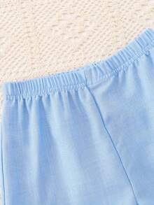 2pcs/Set Girls' Cute Bow Decor Vest & Shorts Set, Casual Outdoor Solid Color Vest And Shorts Outfit - Baby Blue - View 5