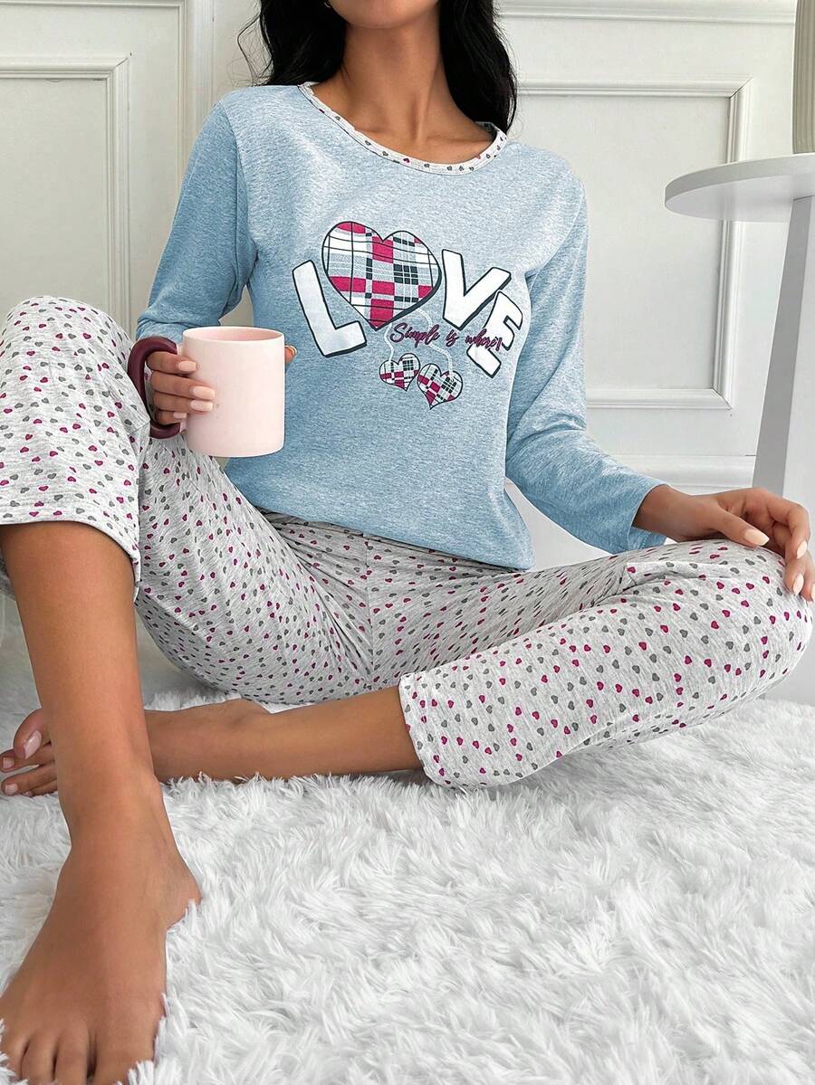 100% Cotton 2Pcs Eye&Heart Printed PJ Set - أزرق فاتح اللون - مشاهدة 1