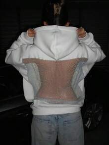 Womens Hooded Sweatshirt Long Sleeve Solid Color Casual Tops With Sparkling Mesh Panel - White - View 2