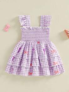 Toddler Baby Girl Easter Dress Smocked Embroidery Cross Bow Plaid Tiered Party Dresses Cute Summer Clothes - Purple - View 2
