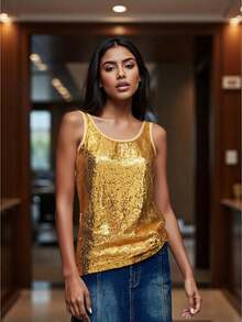 Women's Sleeveless Sparkle Shimmer Camisole Vest Glitter Sequin Metallic Tank Tops Summer Rave Club Party Vest - Vàng - Xem 1