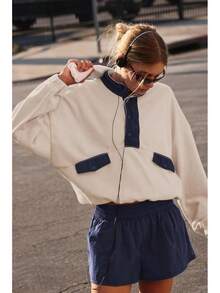 Womens Color Block Two Piece Sets Long Sleeve Oversized Sweatshirts Pullover And Shorts Set Matching Sets With Pockets, 2025 JJYR - Yellow - View 7