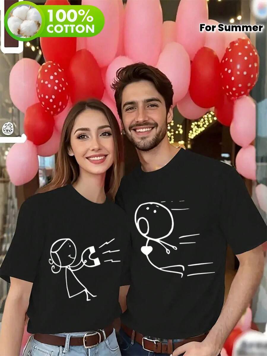 Camiseta casual de pareja y manga corta, estampado de figuras de palo interactivas "atractivas", fibra de poliéster, lavable a máquina, se puede usar como regalo, adecuada para primavera/verano, ocasión romántica del Día de San Valentín. - Camiseta negra individual para hombre - Ver 1