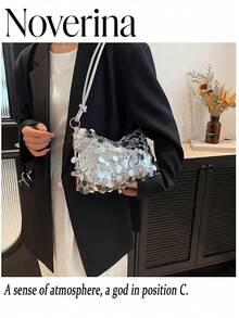 1pc Gold-Tone Glittery Crescent Moon Shape PVC Shoulder Bag For Women,[US-Based Shipping] New Fashion Sequin Handbag & Shoulder Bag, Suitable For Party, Outing, Vacation, Shopping And Daily Use, Can Store Coins, Phones, Also Can Be Used As Work Bag For Office Ladies, College Students And Commuters, Elegant Design For Women,Women's Fall Clothing Winter Clothing Christmas Gift Fall Autumn Velvet Furry Party Fuzzy Plush Thanksgiving Festival Cyber Monday Holiday Knitted Winter Valentine's Day Gift Christmas Women's Crossbody New Year Snow Warm Thermal End-Of-Year ,Tote Bags For Women,Purse,Christmas Gifts,Purses And Bags Women - 銀色 - 查看 6