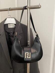 1 chiếc túi đeo chéo hình lưỡi liềm bằng da PU màu trơn, kiểu dáng retro thời trang, phù hợp cho nữ công sở, đa năng. - màu đen - Xem 11