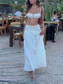Women's White Lace Two-Piece Set, Ruched Crop Top  High-Waisted Maxi Skirt, Boho Sheer Cover-Up For Beach Vacation, Brunch, Y2K  Fashion - trắng - Xem 10