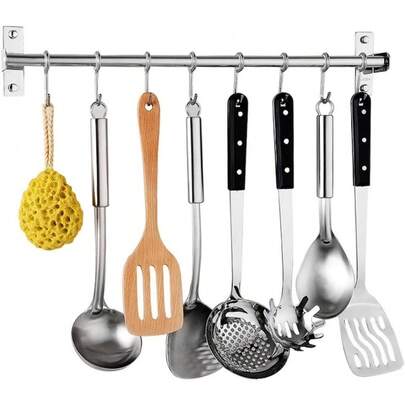 Stainless Steel Kitchen Hanging Rack, Rust-Proof Hanging Shelf With Multiple Hooks, Suitable For Storing Cooking Utensils, Pots, Pans, Towels, Gloves, Knives, Keys, Etc. Applicable For Kitchen, Bathroom, Wardrobe, Balcony And More