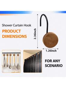 12-Piece Set Of Wooden Shower Curtain Hooks, Decorative Metal Shower Curtain Hooks, Home Accessories, Waterproof And Rust-Free. - Black - View 3