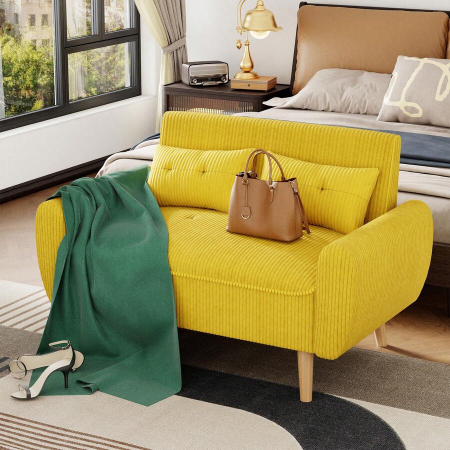 Vongrasig Modern Loveseat Sofa | Soft Corduroy Fabric & Tufted Back Cushions | Mid-Century Small Couch With Tapered Legs For Bedroom & Apartment - Màu vàng - Xem 1