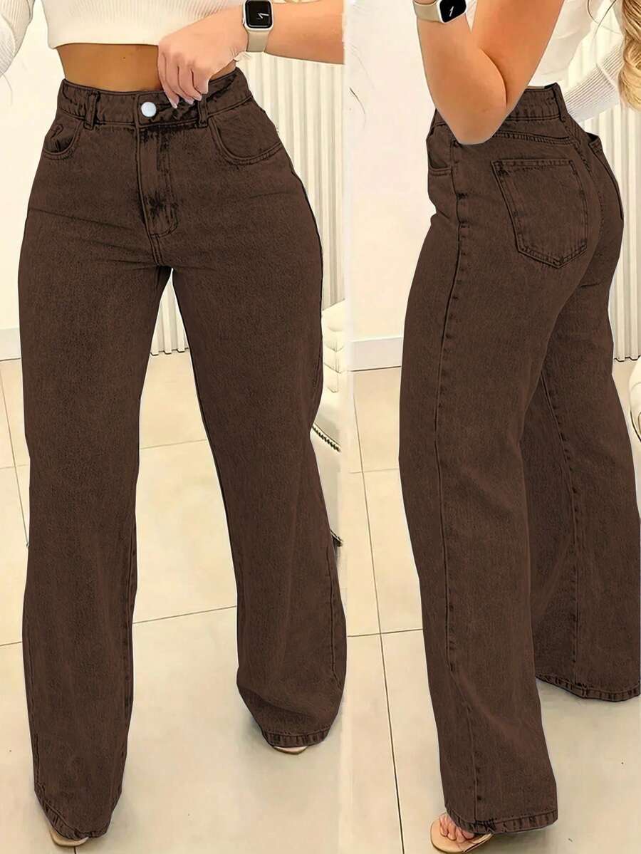 Chicsale Straight Jeans, Diagonal Pocket Loose Style Street Fashion Brand Loose Jeans, Ladies Jeans And Clothing - 咖啡色 - 查看 1