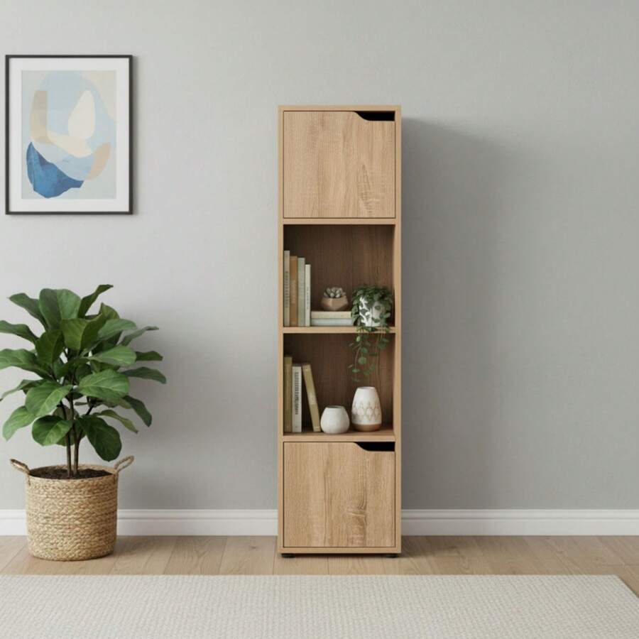 Ecommerc3 MOBLEKIT | Modular Wooden Shelves With Different Compartments And Door Options, Bookcases And Storage Furniture For Bedroom, Kitchen Or Entryway - Lemari Kayu Ek - 4 Kompartemen + 2 Pintu | 30*29*120cm - View 1