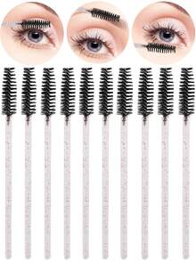 100 pièces/50 pièces Baguettes de mascara jetables, brosses à cils, brosses à sourcils avec brillant cristal, outils de maquillage pour extension de cils - Noir - Voir 5