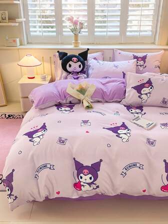  Sanrio sött tryck 3-delars sängkläderset - Kuromi (1 st. påslakan + 2 st. örngott, ingen fyllning) tecknad full storlek, mjuk och bekväm, lämplig för studenthem, sovrum, hotell, alla årstider, med dragkedja och örngott, flerfärgad hållbar, extra stora sängkläder, extra stora påslakanset