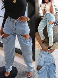 Valentine's Day, Date Night Outfit, Gifts For Her GLOURI Women's Light Blue Denim Cargo Pants - High Waist Oversized Pocket & Loose Fit | Edgy Street Style For Casual Daily, Fashion  & Statement For Cool Outfits